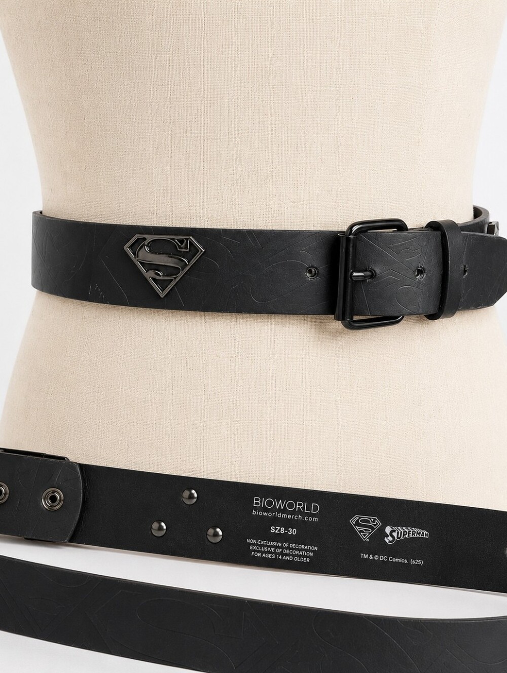Bioworld Superman Black Embossed Logo Belt Metal Shield Size 28–30 S